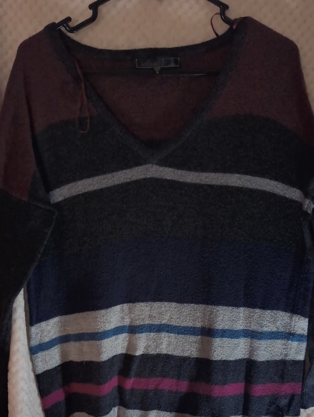 Women's  Oversized Love Stitch V-Neck Striped Sweater in Charcoal, Navy & Wine